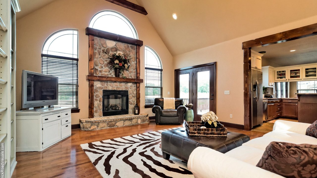 Stone fireplace and wood beams