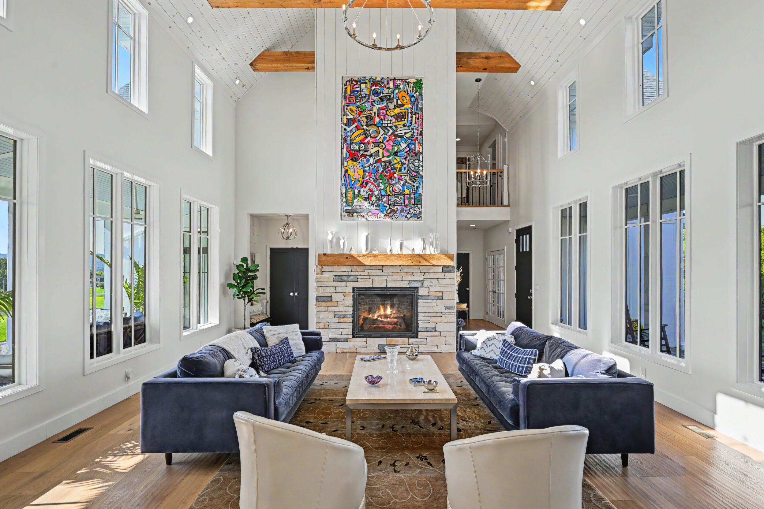 Great room fireplace with ledgestone surround