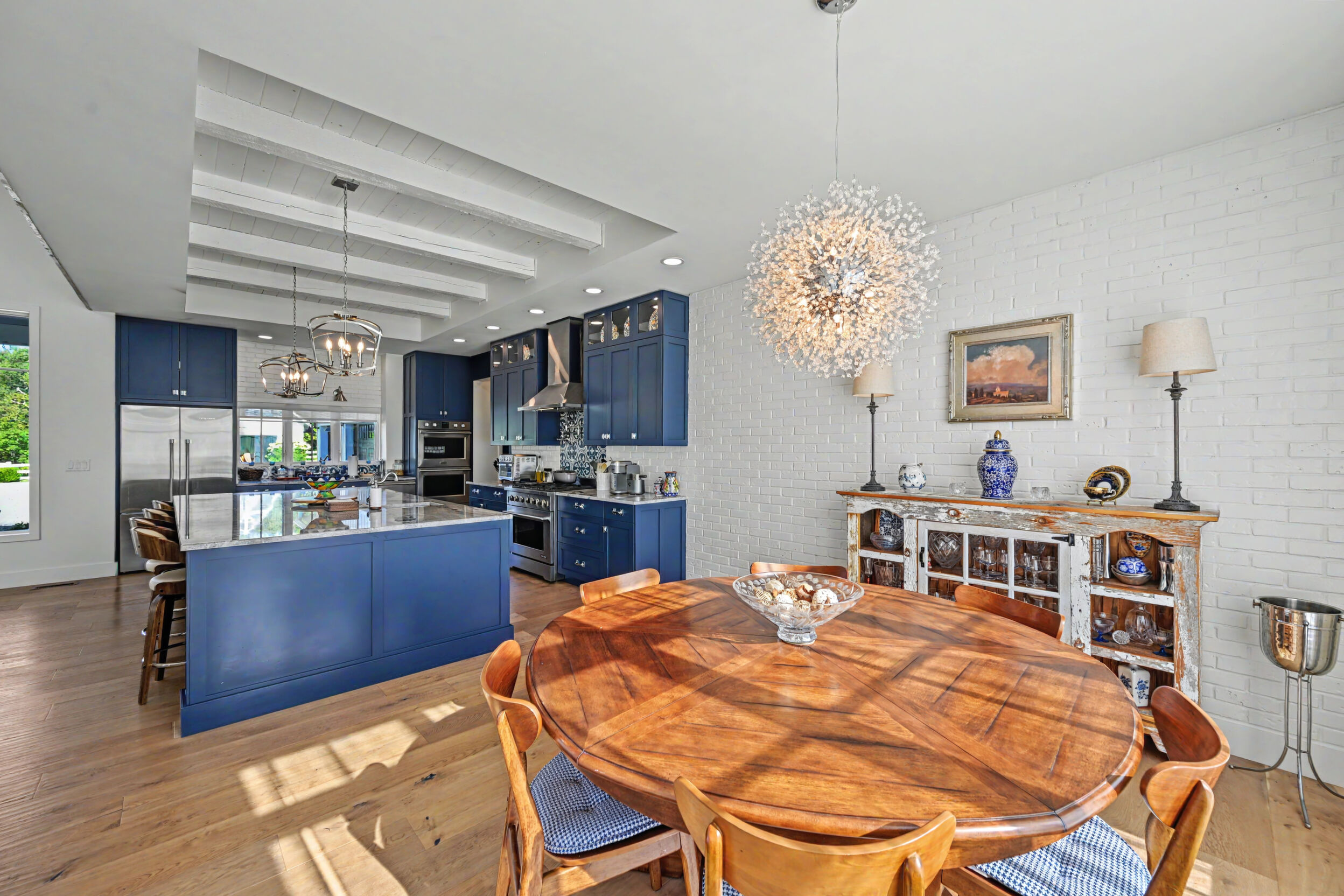 Dining area beneath the beamed ceiling