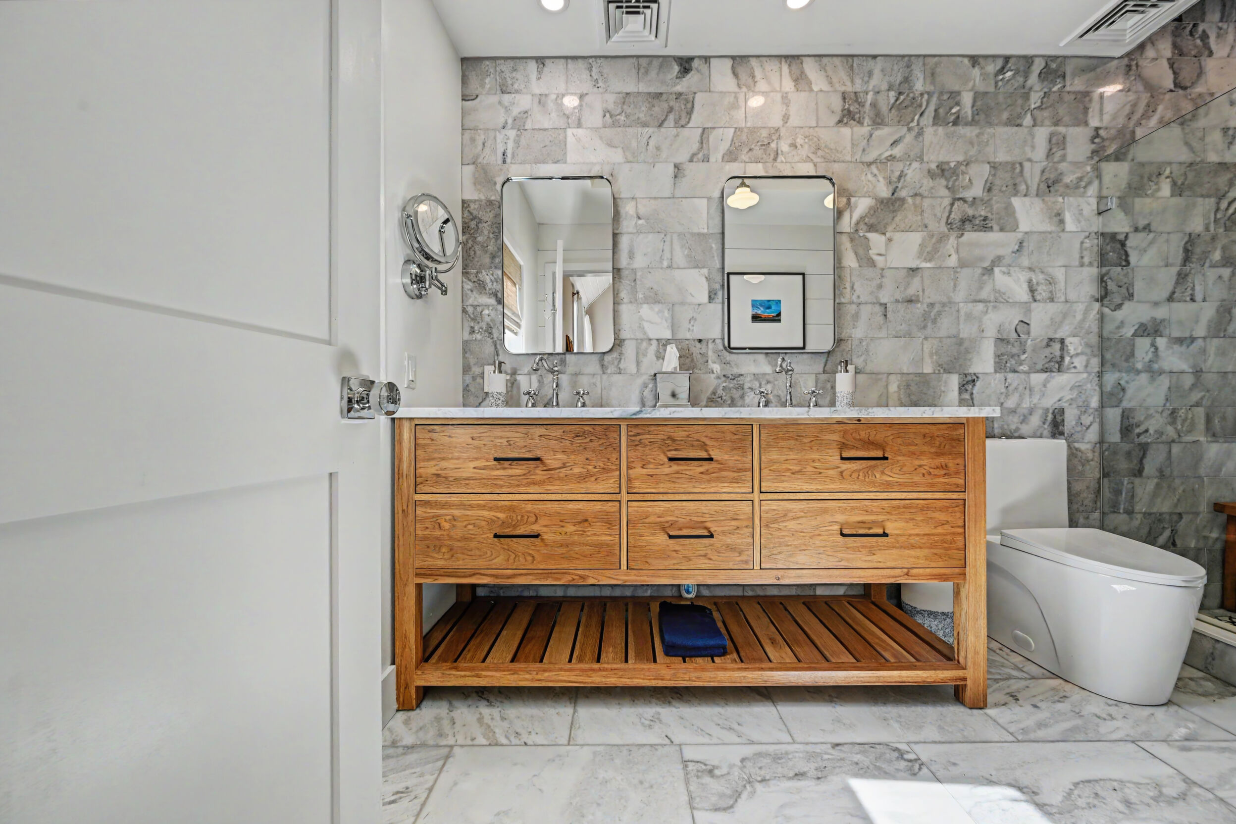 Guest bath with custom hickory vanity