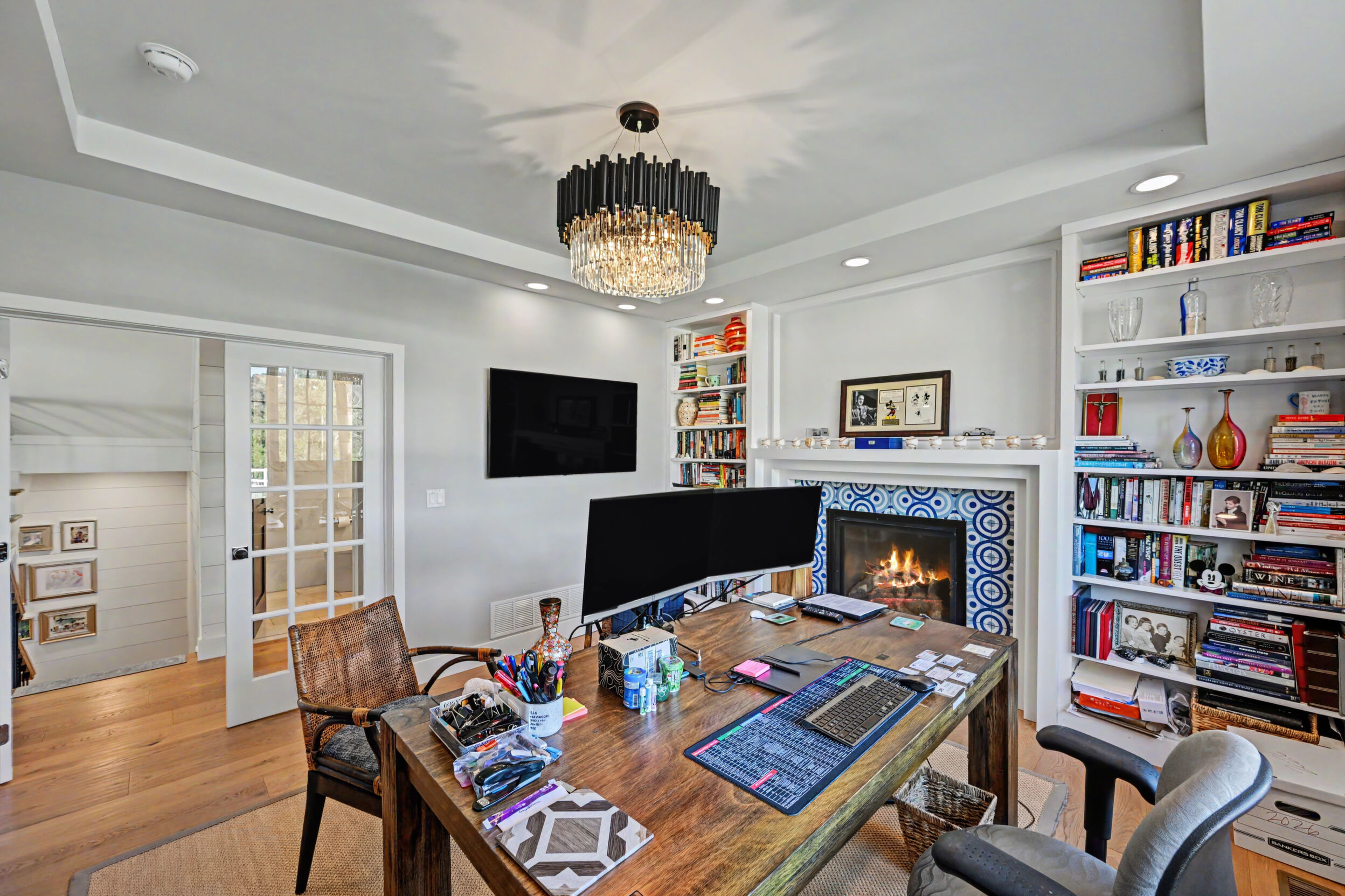 Study fireplace with cement-tile surround