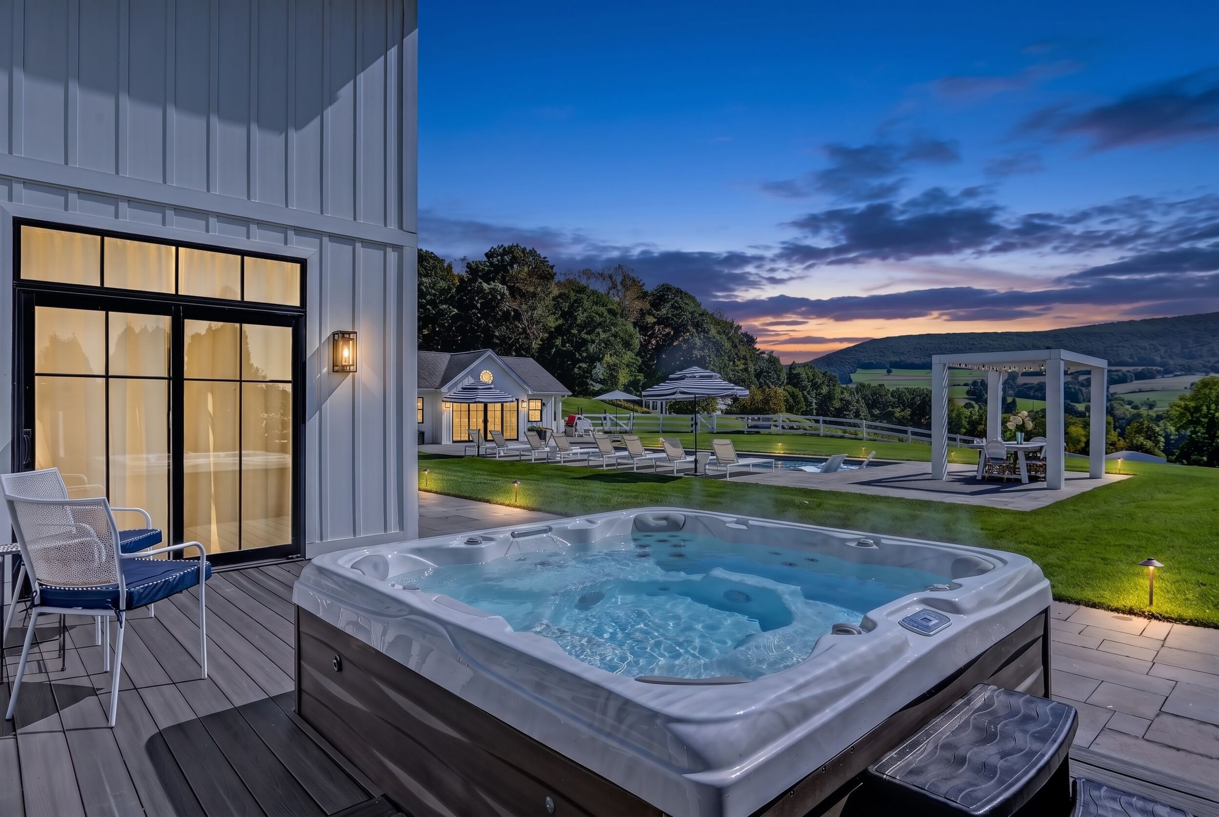 Sundance six-person hot tub at dusk