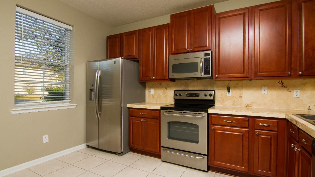 Kitchen with travertine counters